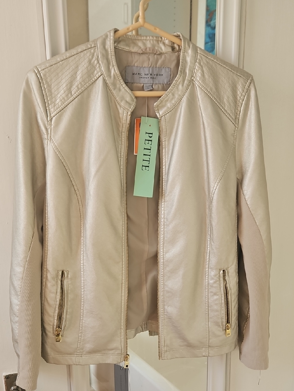 Marc New York Metallic Cream Leather Jacket with Gold Zippers